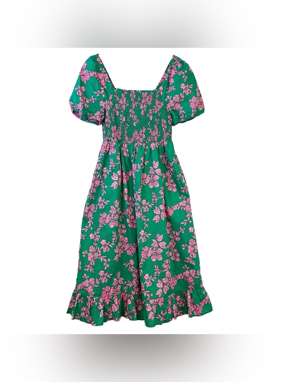 J. Crew Green and Pink Smocked Sundress with Puff Sleeves Midi
Dress Sz L